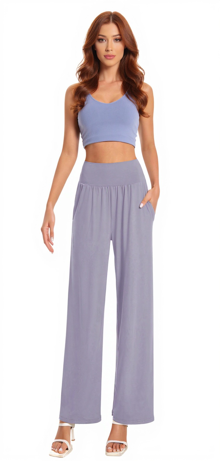 Wide-Leg Yoga Pants in Grey Purple — The Capri Season Edit style look
